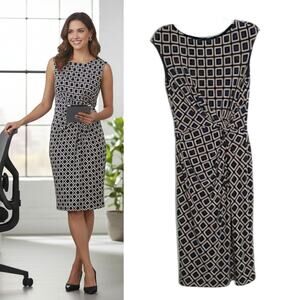 Lauren Ralph Lauren Geometric Knotted Midi Dress Navy Blue Tan Size 6 Knit